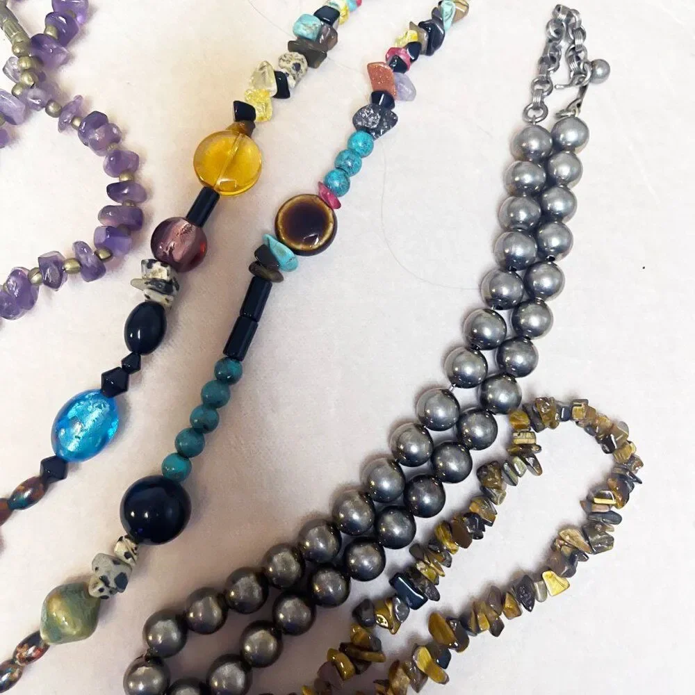 Vintage Beaded Necklace Lot 4 | Amethyst Tiger Eye Stone Silver Tone Statement